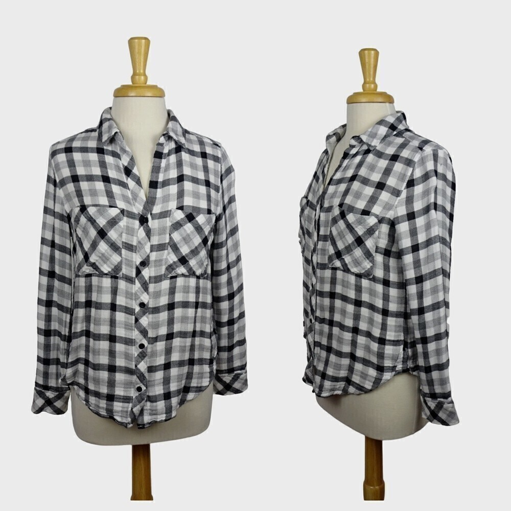 CLOTH & STONE Women's Plaid Button Down Shirt Top Blouse Black White LS Size S
